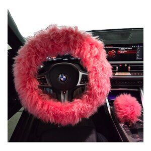 Pink fluffy 3-PC Car Decor, Steering Wheel & Gear Shift Cover
